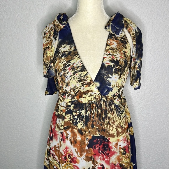 Double Zero Blue and Gold Plunge Neck Sundress Small - Picture 3 of 10